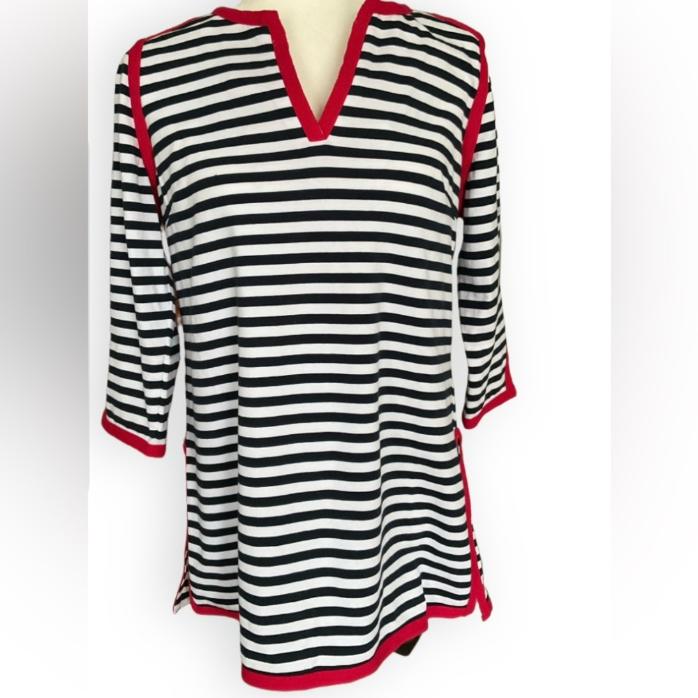 Gretchen Scott Blue, White and Red Classic Coastal Striped Tunic Size L Nautical